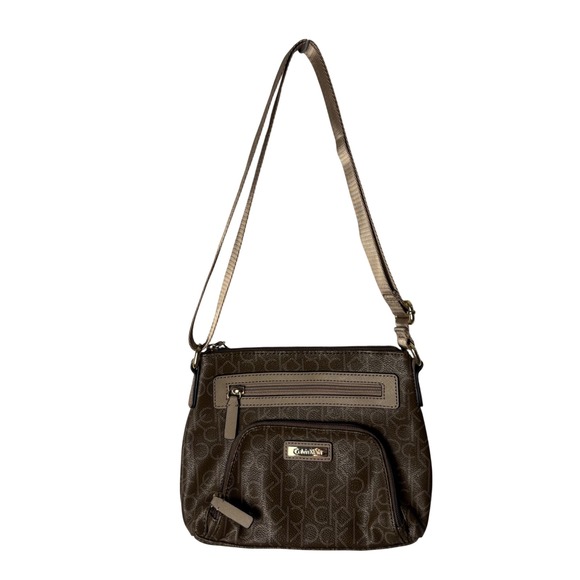 Calvin Klein CK Monogram Crossbody Bag Brown Logo Purse Multi Pocket Adjustable - Picture 2 of 10